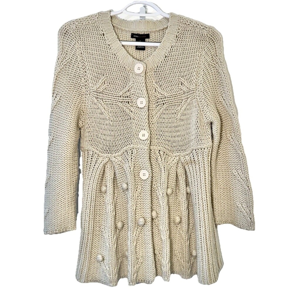 BCBG Max Azria Cream Chunky Knit Bobble Peplum Cardigan Sweater L Boho
